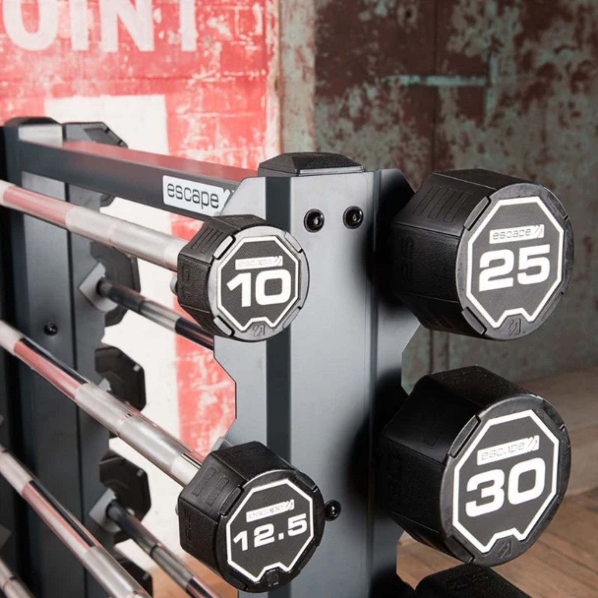 Escape Fitness Nucleus Urethane Fixed Barbell Set – 20–110lb with RACKBB10 Storage Rack