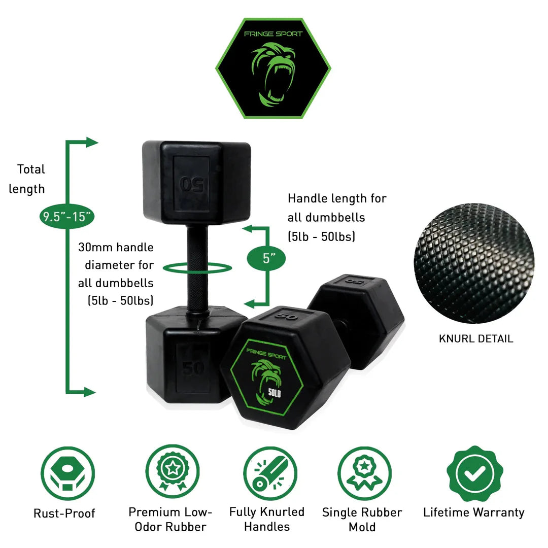 Fringe Sport Silverback Rubber Dumbbell Set – 80 to 100 lb (5 Pairs)