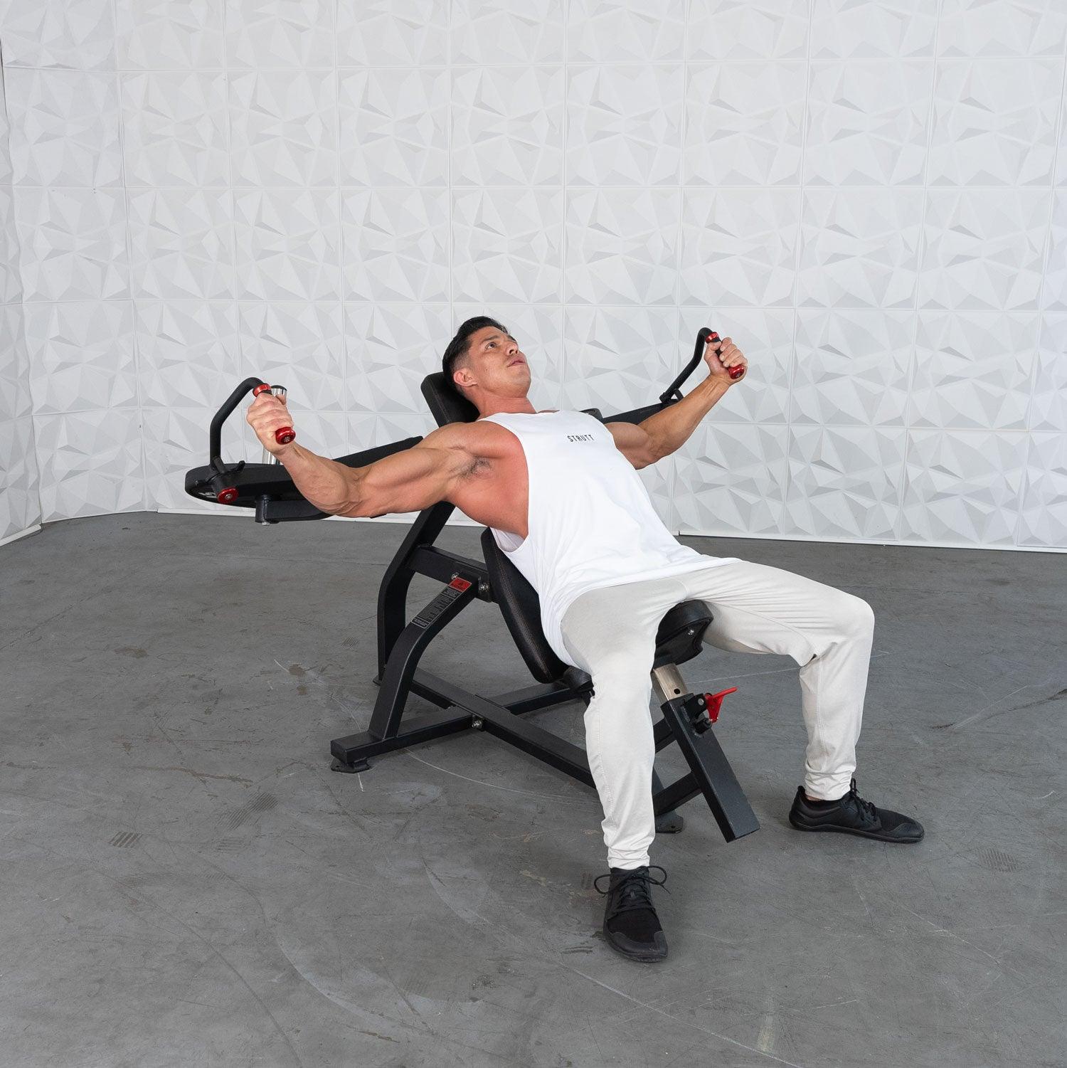 Excel Leverage Incline Pec Fly - Muscle D Fitness - Plate Loaded Chest - Piston Assisted Seat Adjustment