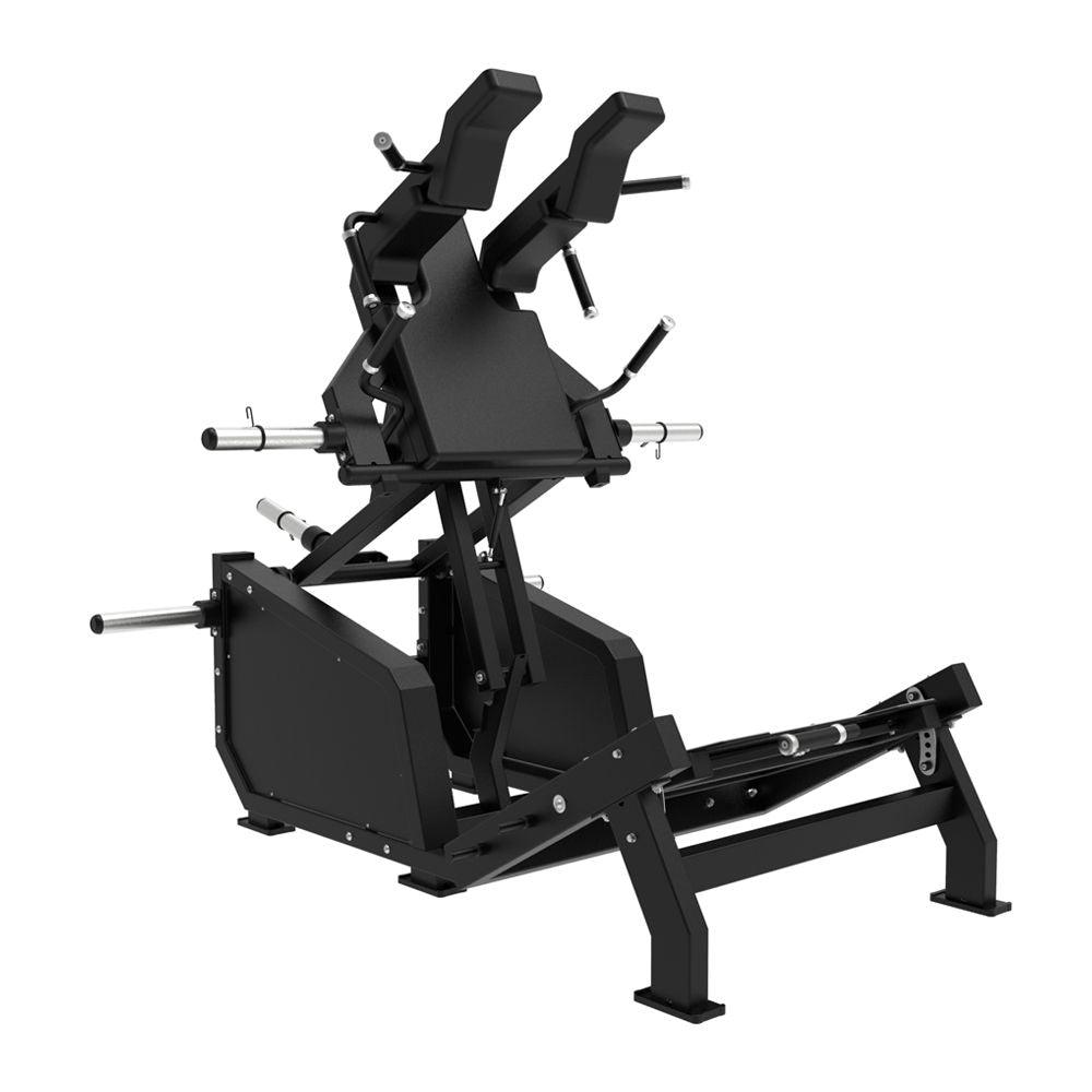 Excel Glute Line Hack Squat / Front Squat - Muscle D Fitness - Plate Load Squat Machine - Counter Balanced - Plate Storage Pegs