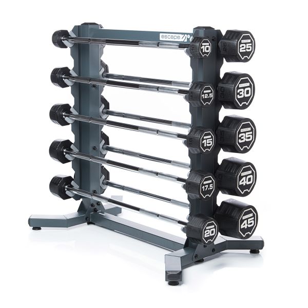 Escape Fitness Nucleus Urethane Fixed Barbell Set – 20–110lb with RACKBB10 Storage Rack