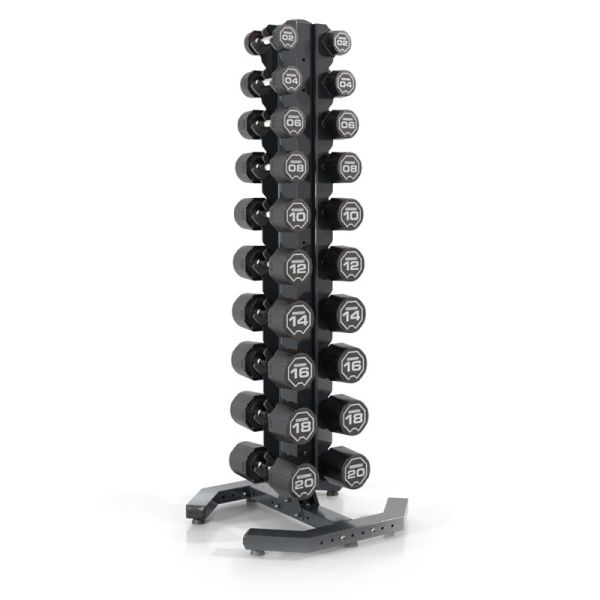 Escape Fitness 5–50 lb Urethane Dumbbell Set with RACKVDB Vertical Rack